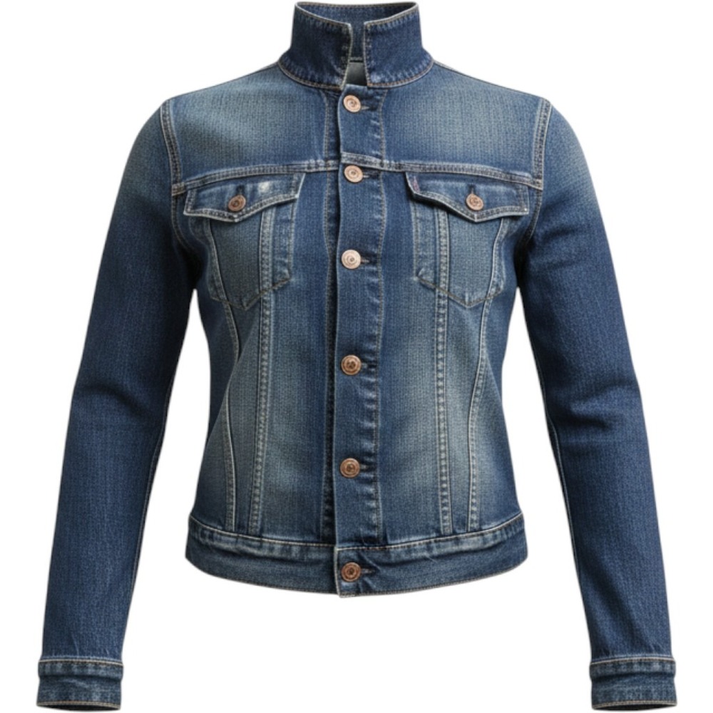 Marithe Francois Girbaud Denim Jacket High Neck Frayed Hem Womens M Blue VGUC